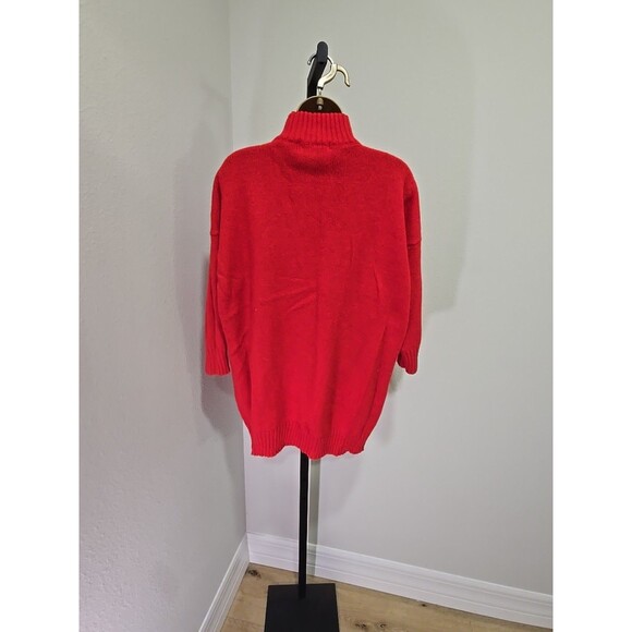 Vtg Cherry Red Shetland Wool Sweater Womens OS Mock Funnel Neck Long Fisherman - Picture 4 of 6